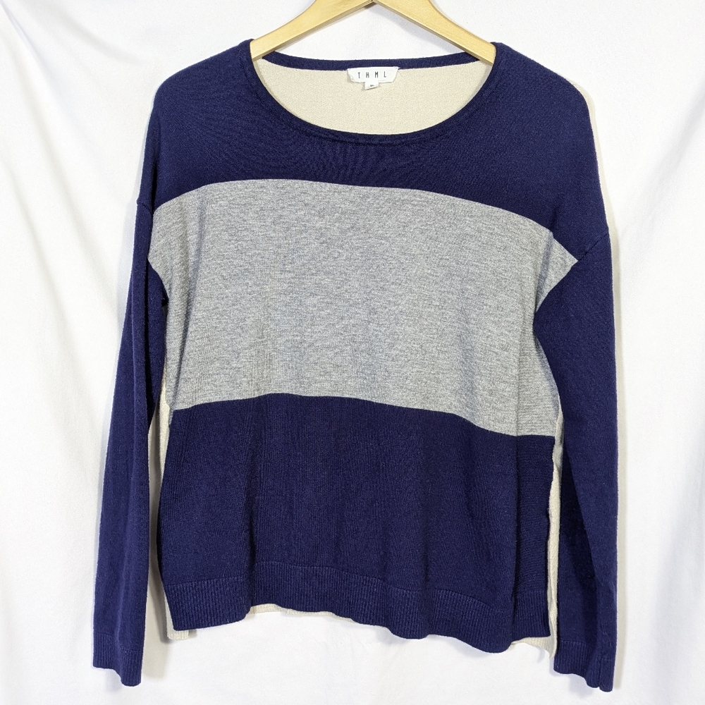 THML Color Block Vicose Blend Sweater Soft Casual, Side Slits, Size S